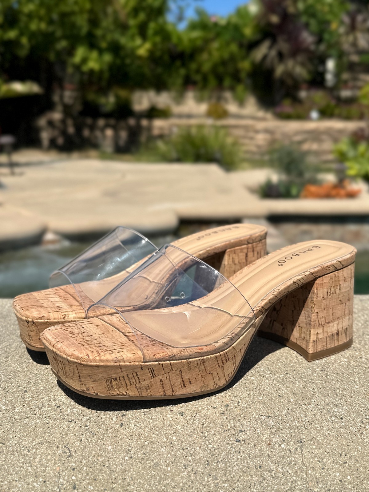 New Women’s Transparent Clear Open Toe Cork Platform Sandal Mules Block Med Heel