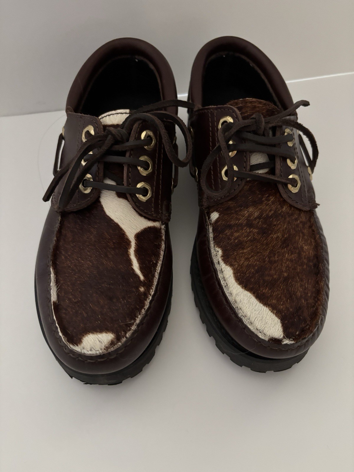 Anthropologie Maeve Lug Sole Boat Shoes Chocolate Brown Leather Cow Hair SZ 7.5