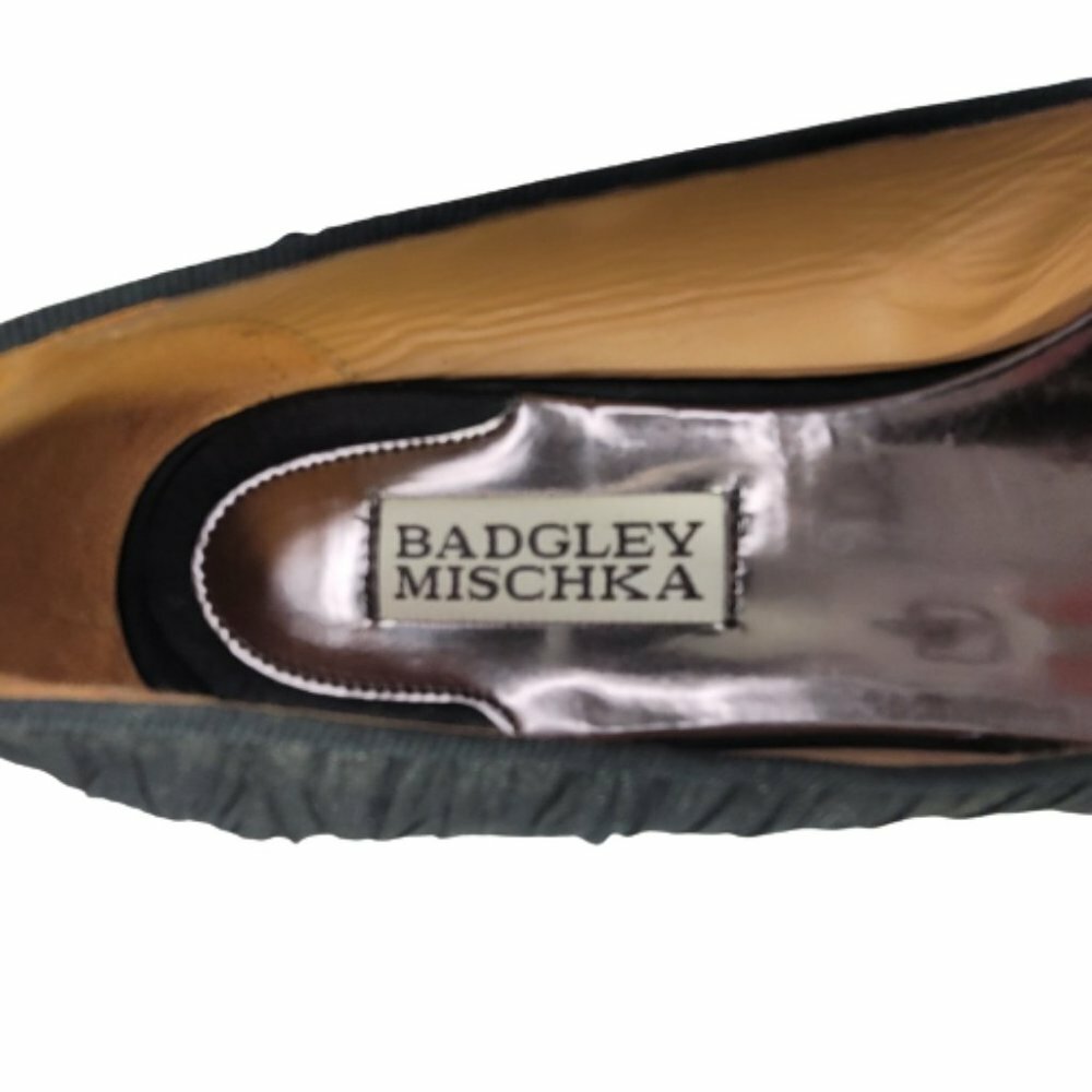 Badgley Mischka Sz 7 Black Organza Covered Silver Sequin Slip On Flats Shoes
