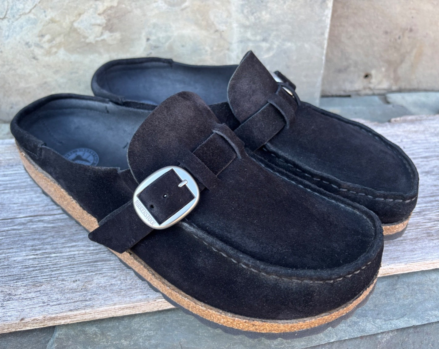 Nice! Birkenstock BUCKLEY (40/9N) Clogs Black Suede Slides Mules Strap w/ Buckle
