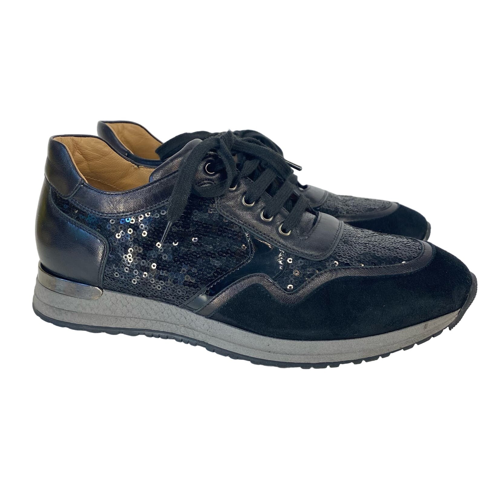 Russell & Bromley Black Sequin Sneakers Women’s 7 Suede Leather Glam Lace Up