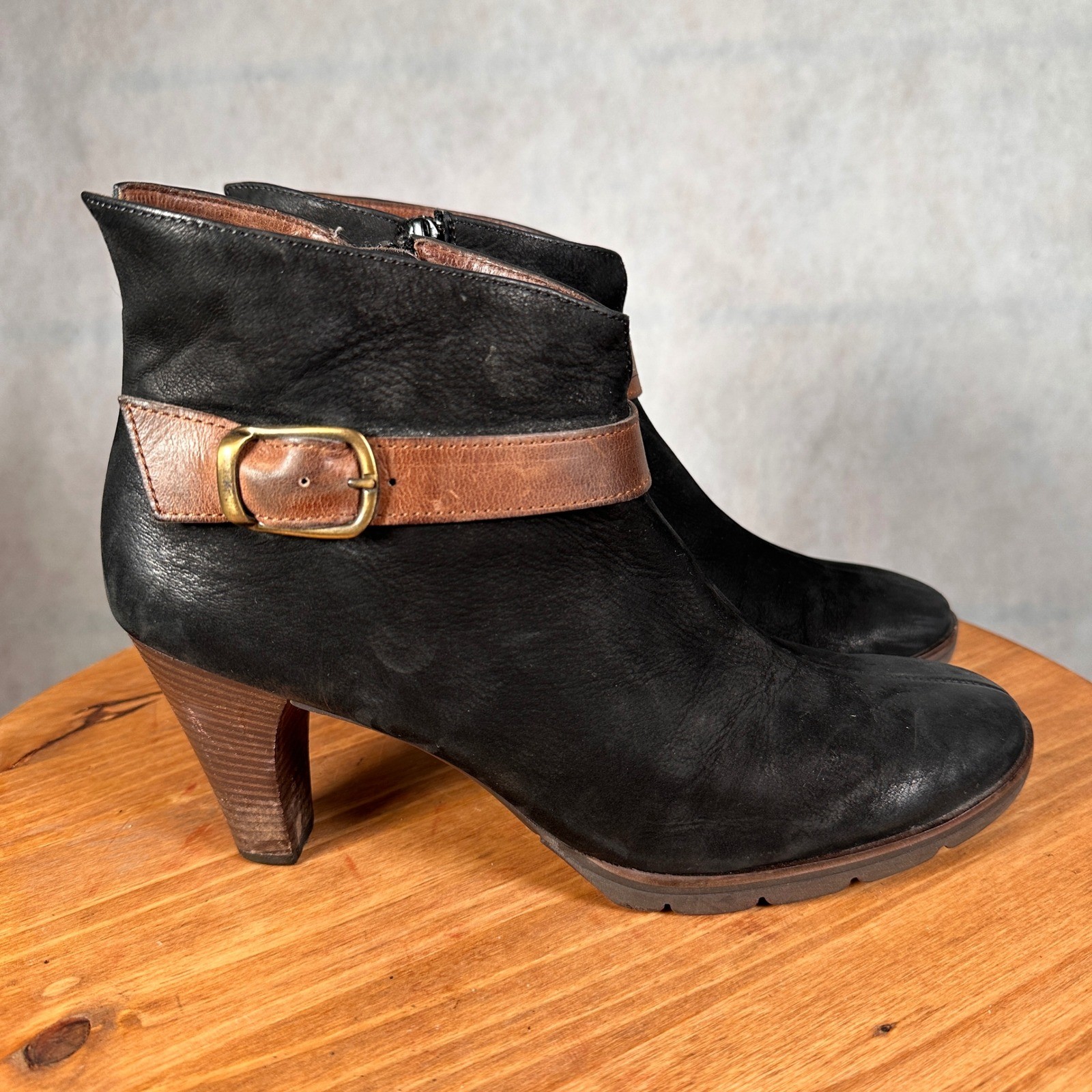 Paul Green Leather Ankle Boots Women 7 Black Brown Good Buckle Side Zip