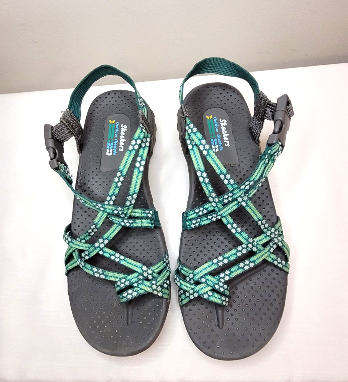 Skechers Outdoor Lifestyle Strappy Toe Loop Sandals Green Gray Women’s Size 9