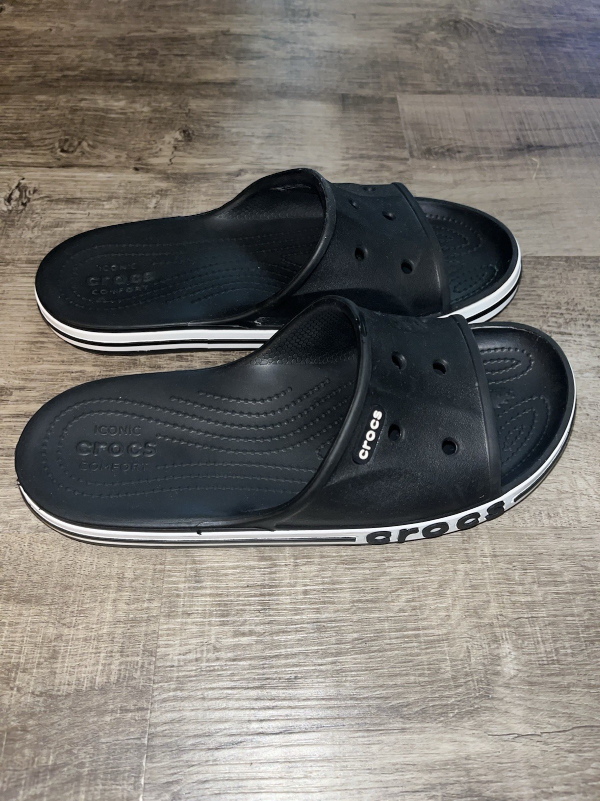 Crocs Bayaband Unisex Slide Sandal Size 8W 6M Black White Waterproof EUC Slip On