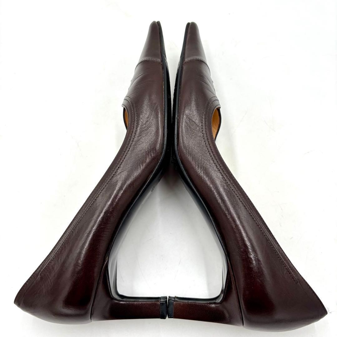 CHANEL Leather Pointed Toe Pumps Size 37.5C Dark Brown Classic Design