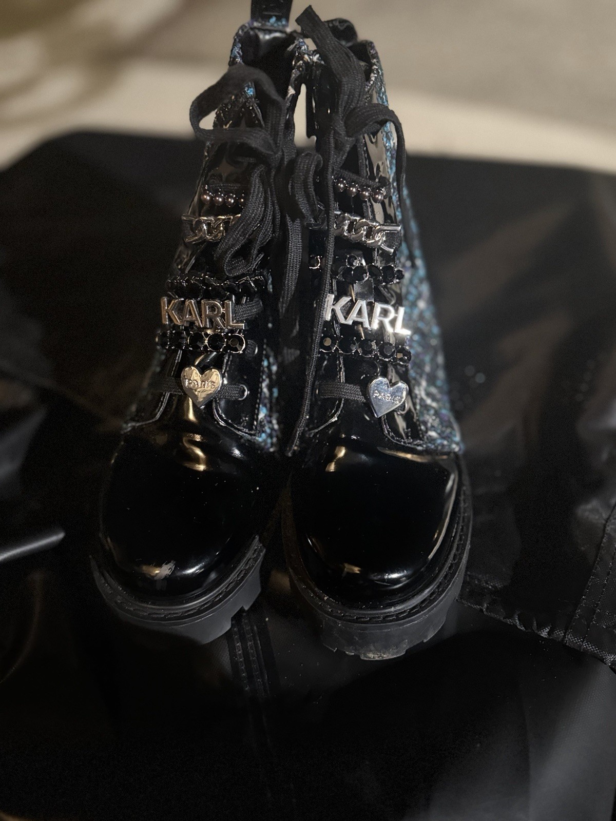 Karl Lagerfeld Women’s Black Patent Leather Lace-Up Combat Ankle Boots