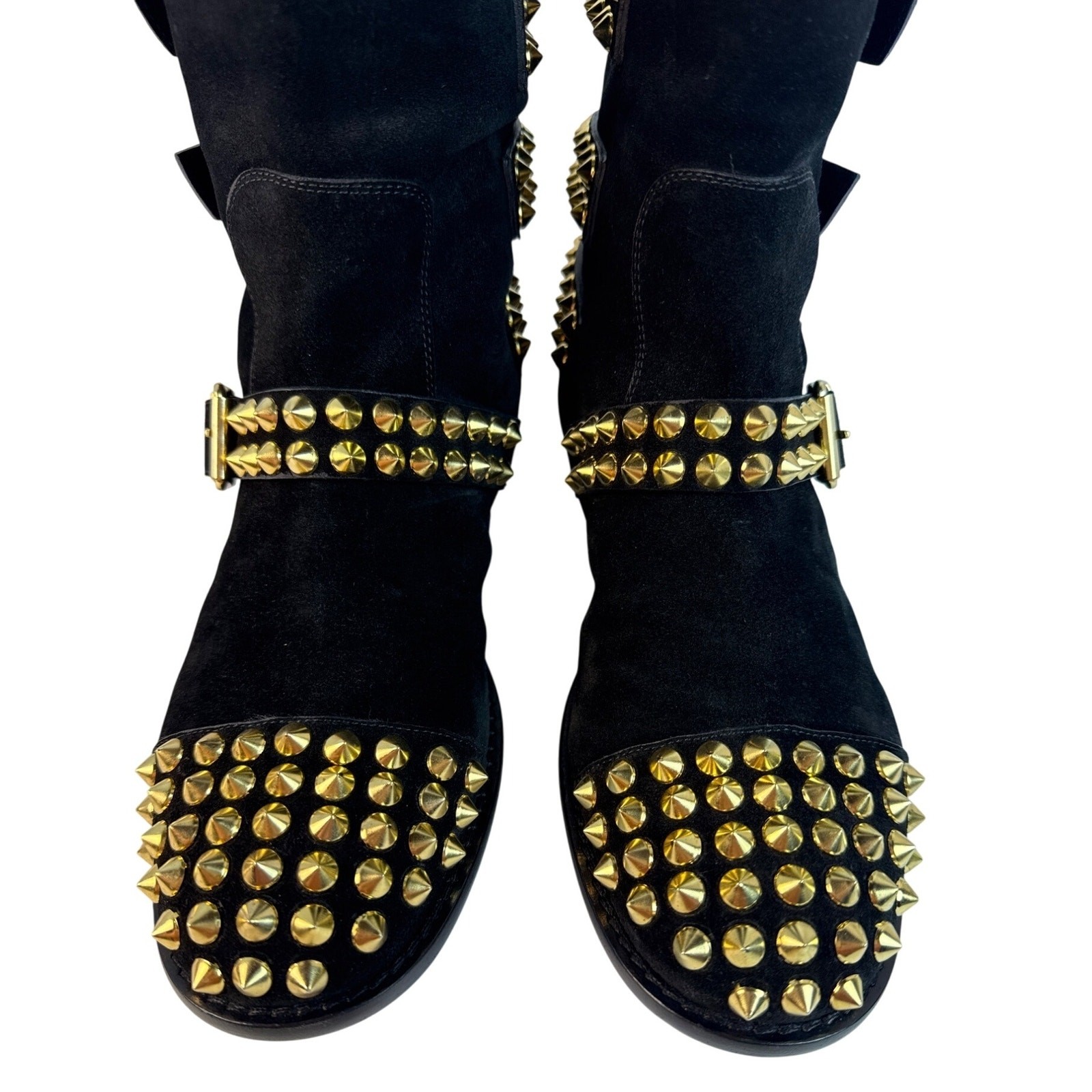 Giuseppe Zanotti Black Suede Boots Womens 10 EU 40 Studded Buckle Gold Moto Punk