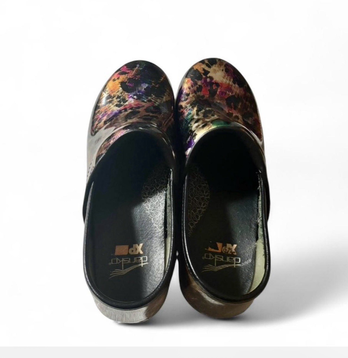 Dansko XP 2.0 Clogs Multicolor Leopard Patent Leather Casual Workwear Size 39