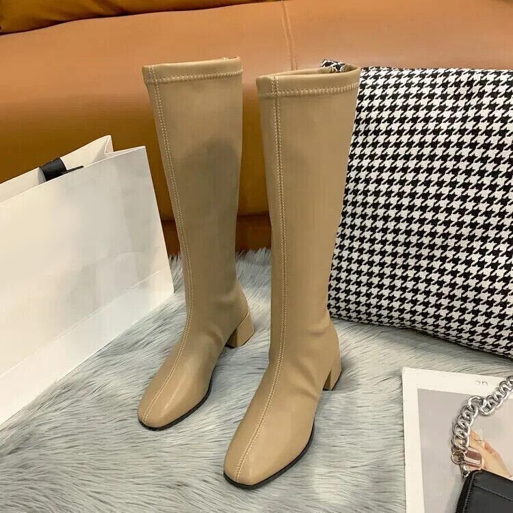Soft Leather Shoes Women’s Block High Heels Long Boots Warm Knee High Zip Boots