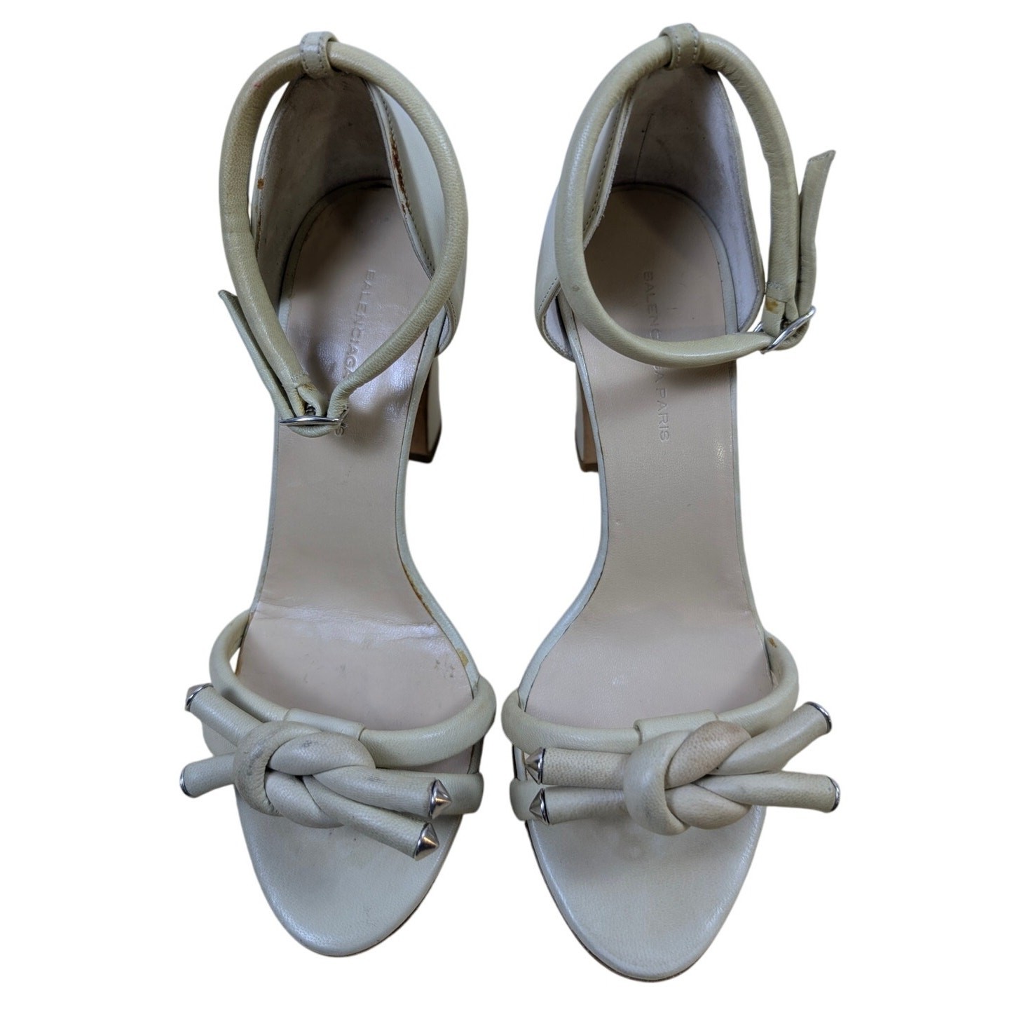 Balenciaga Beige Block Heels Knot Detail Silver Accents Sandal EU 36 US 6