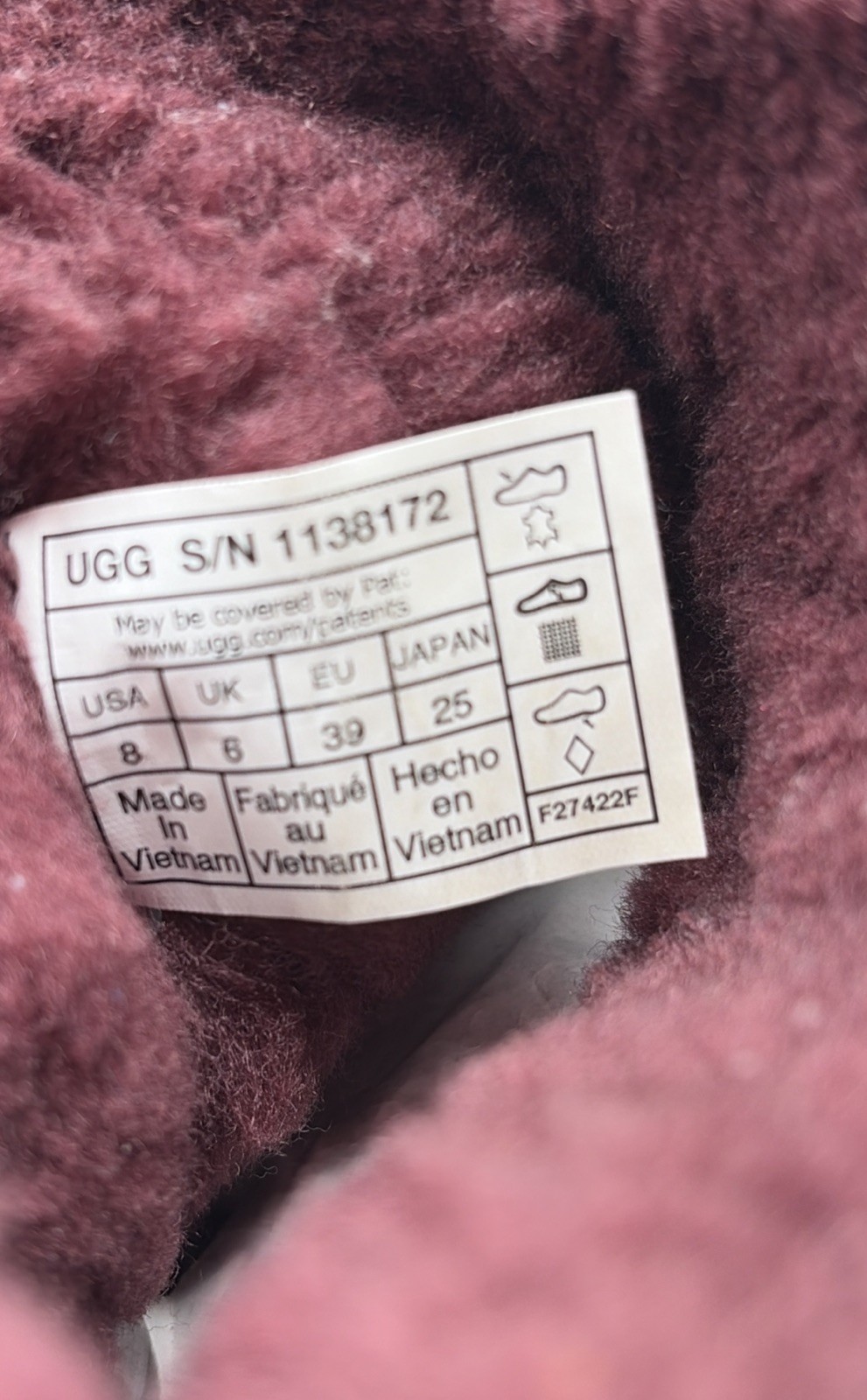UGG Burgundy Velvet Bow Ankle Bootie Lined Comfort Women’s US 8 EU 39 UK 6