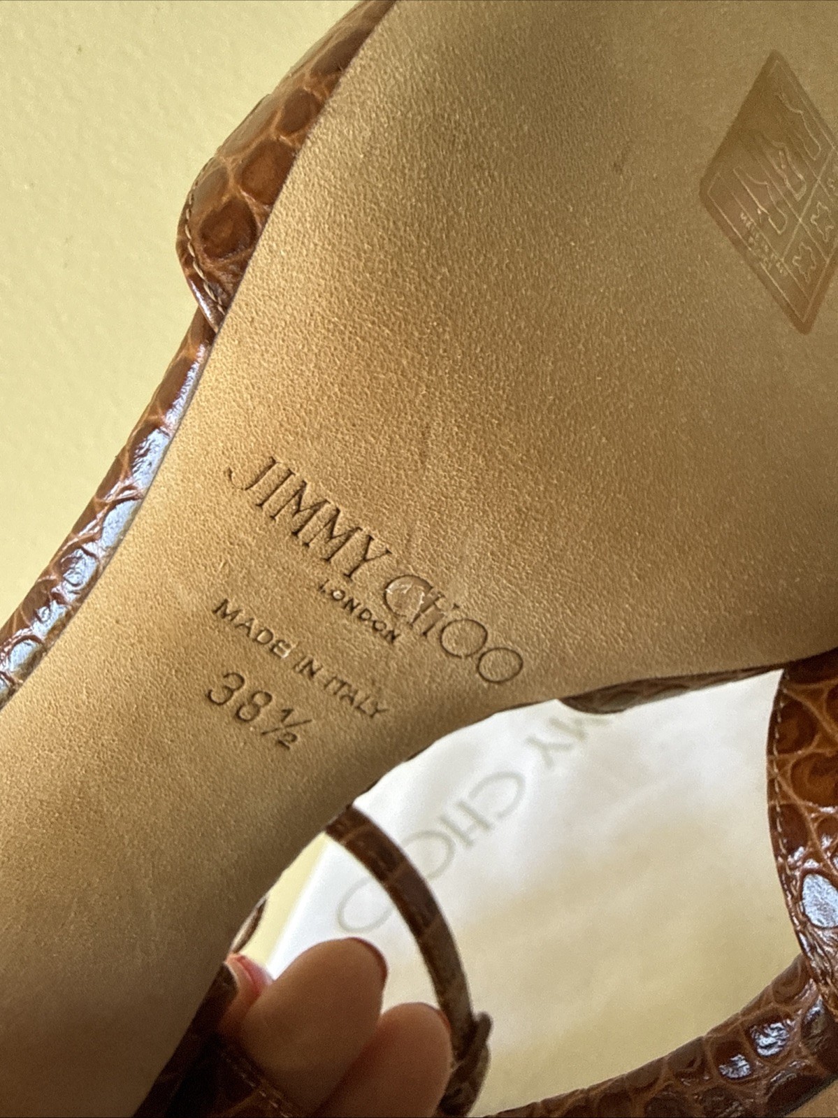 Jimmy Choo Miranda Sandals Size 8 Leather Crocodile Embossed 2.5 In New Brown