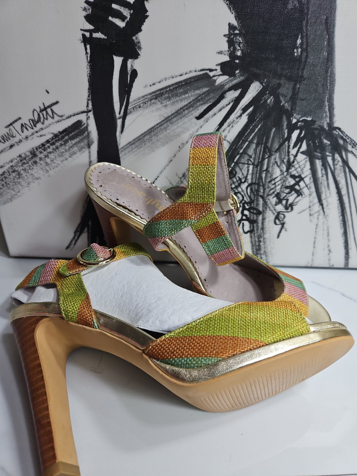 Farylrobin Woven Textile Multicolor 4″ Heels Pump Strappy Sandal 7