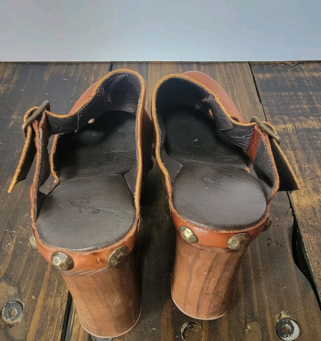 Free People Womens Boho Chunky Brown Leather Wood Clogs Size 36 Hippie Retro