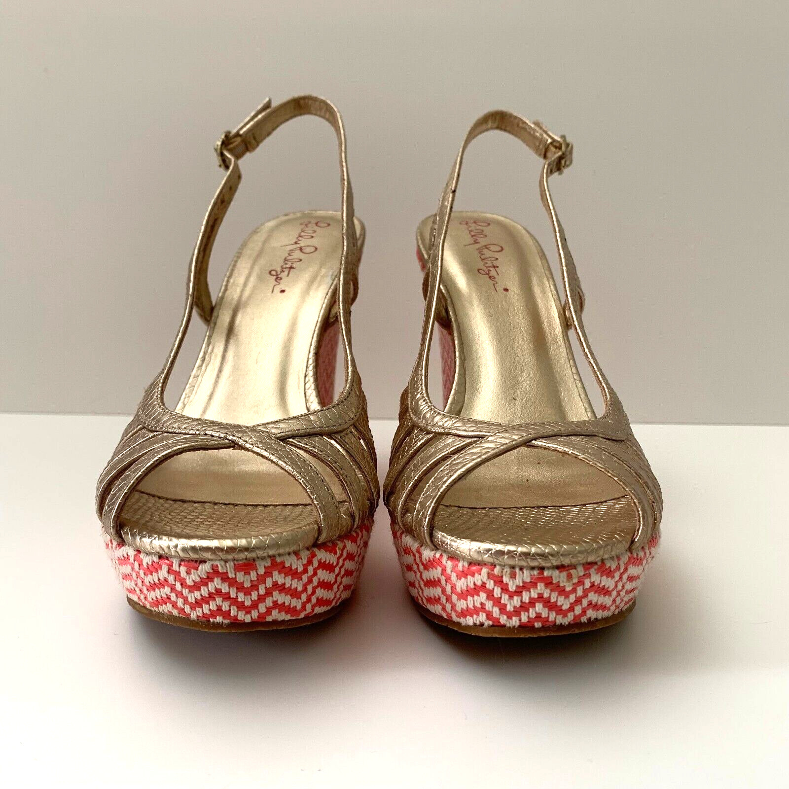 New Lilly Pulitzer Sophie Gold Leather Raffia Wedge Platform Sandals 6 Chevron