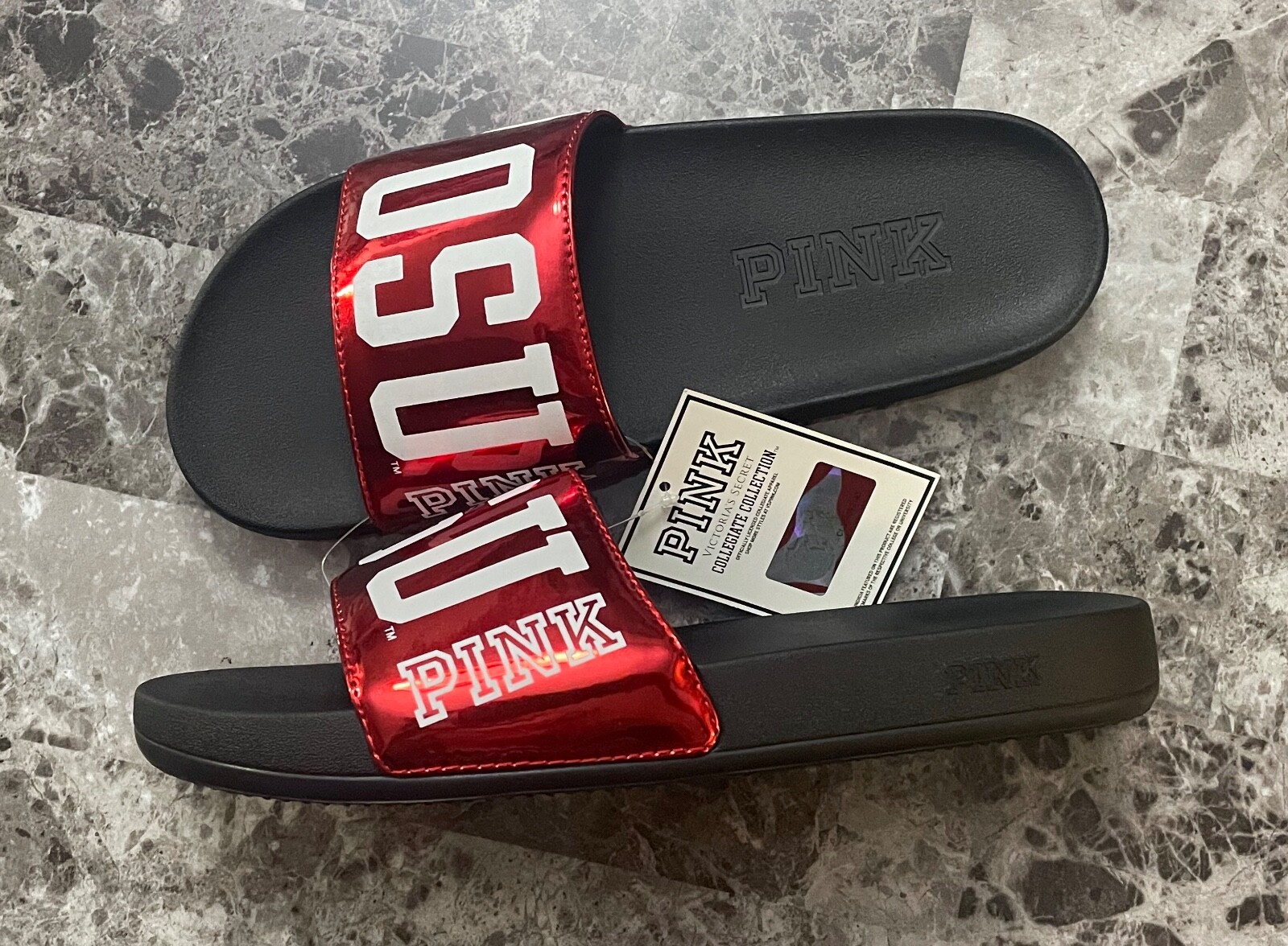 NWT VICTORIA’S SECRET PINK M L RED WHITE OHIO STATE OSU SLIDES SLIP ON SANDALS