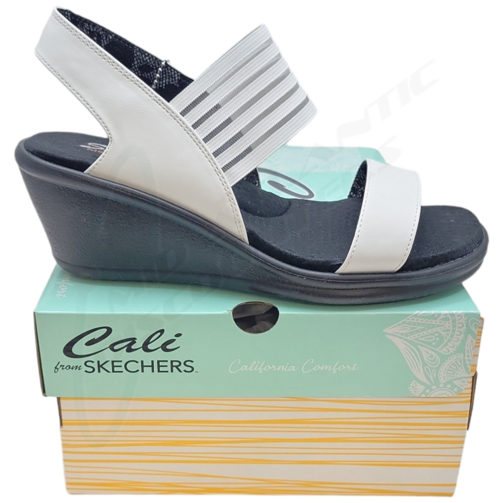 Cali from Skechers Rumblers Sci-Fi Vegan Wedge Sandals, White/Black 38472