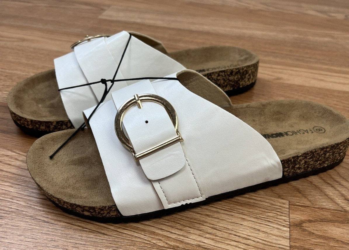 Fashion Nova True Statement Flat Cork Sandals White Slides Size 8 Women’s NEW