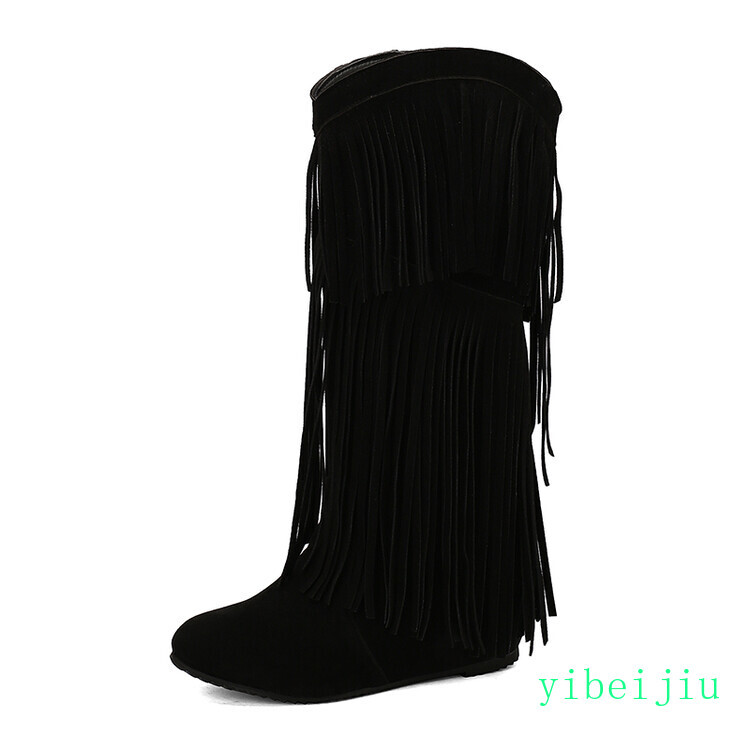 Women’s Mid Hidden Wedge Heels Knee High Boots Suede Tassel Shoes Bohemia Ethnic