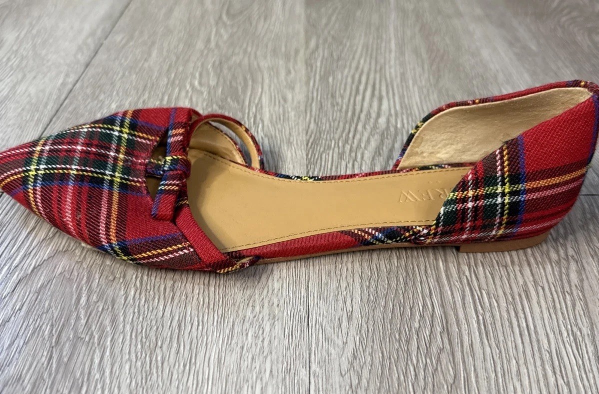 J. Crew Tartan Plaid Mini Bow Flats Women’s Red Plaid Pointy Toe Preppy Size 8