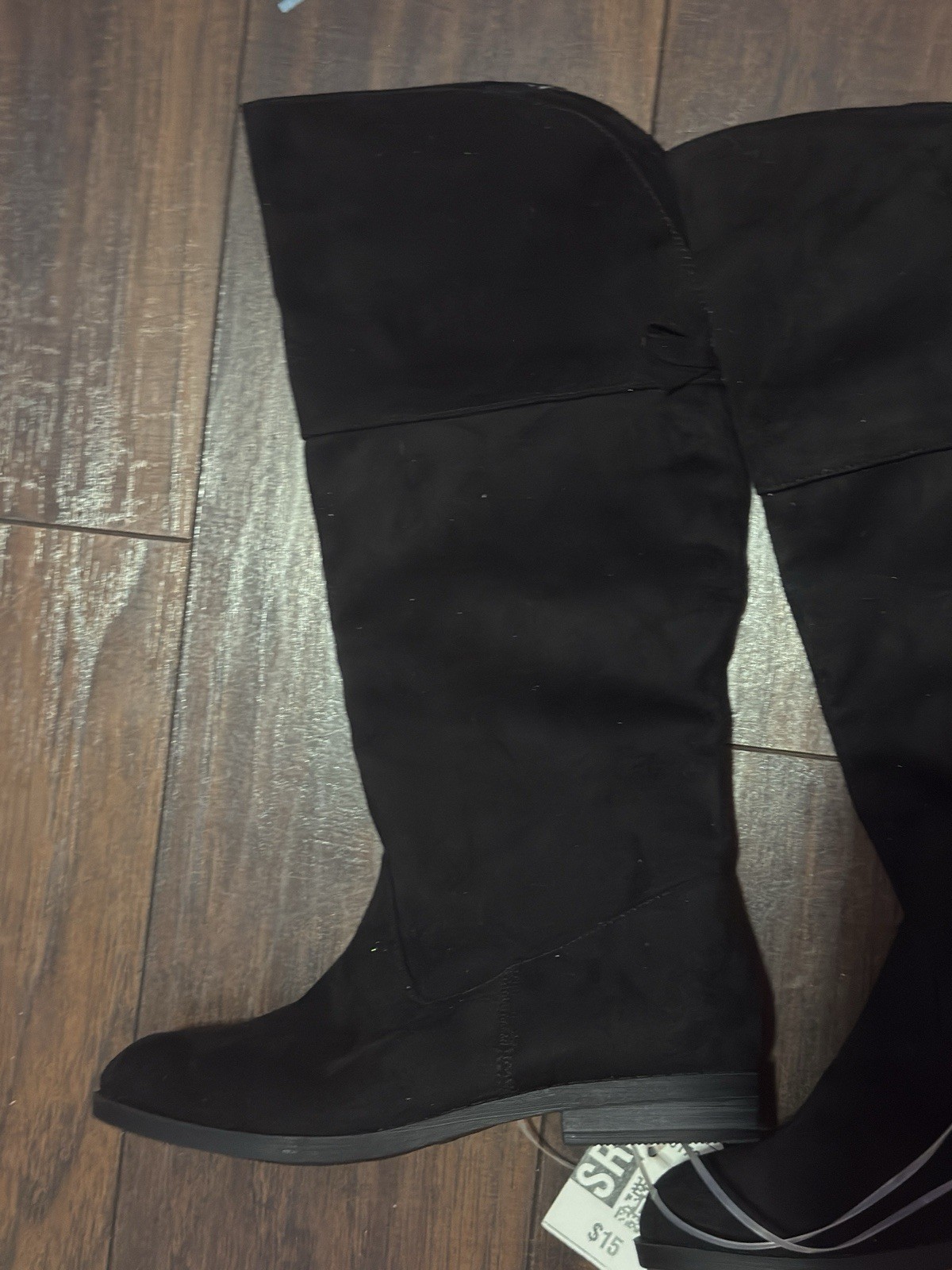 Women’s Black Knee High Riding Boots Textile Side Zip Bow Accent Round Toe 21.5