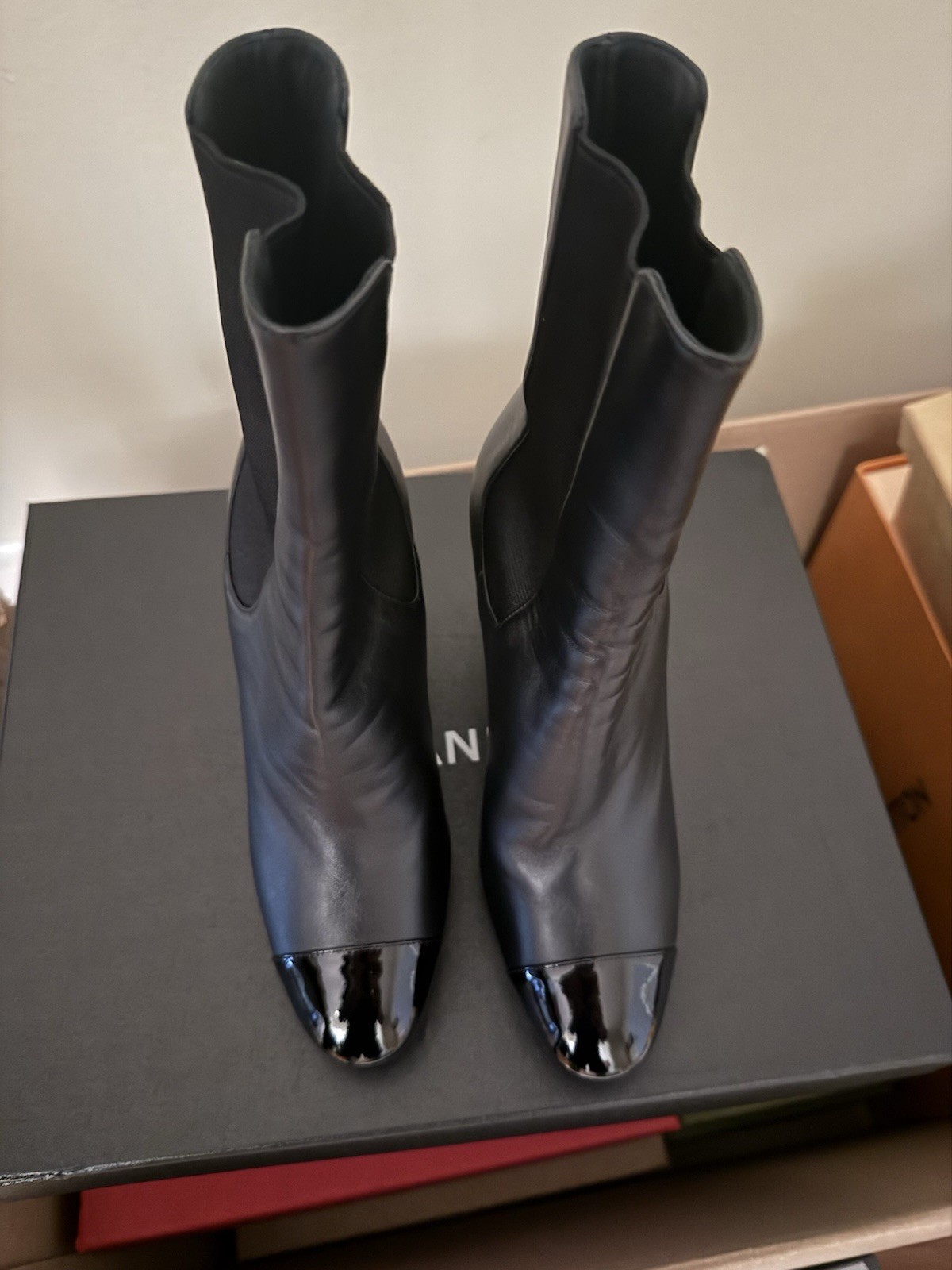 CHANEL Women’s Black Patent Leather Ankle Bootie Cap Toe Logo US 8