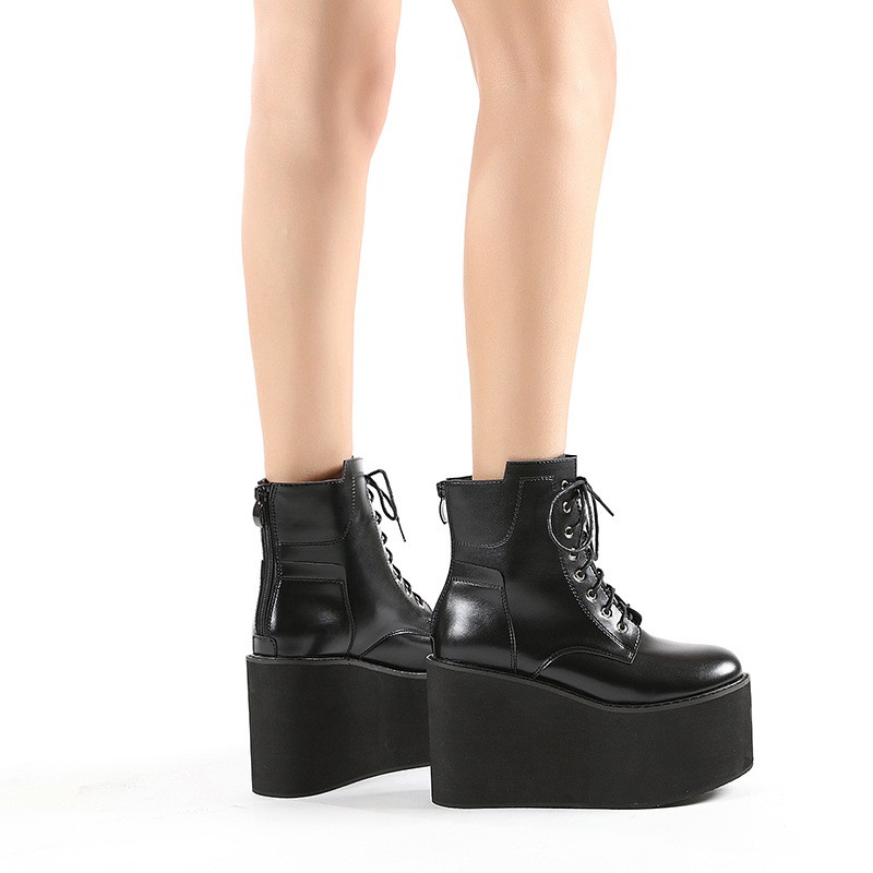 Women’s High Platform Wedge Heel Ankle Boots Gothic Faux Leather Lace Up Shoes