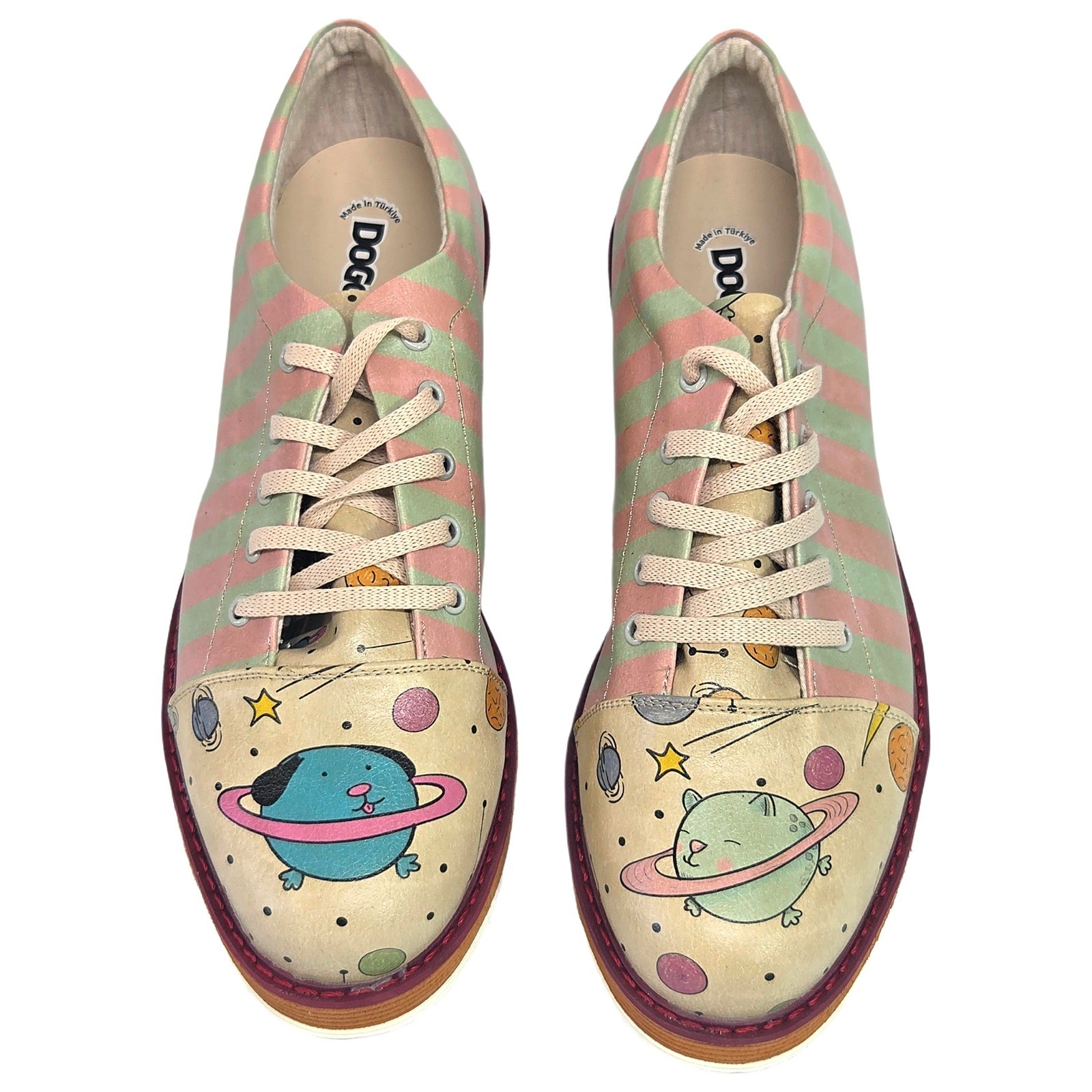Space Cat Dog Dogo Shoes Women Oxford 41 Pink Green Striped Galaxy NWT
