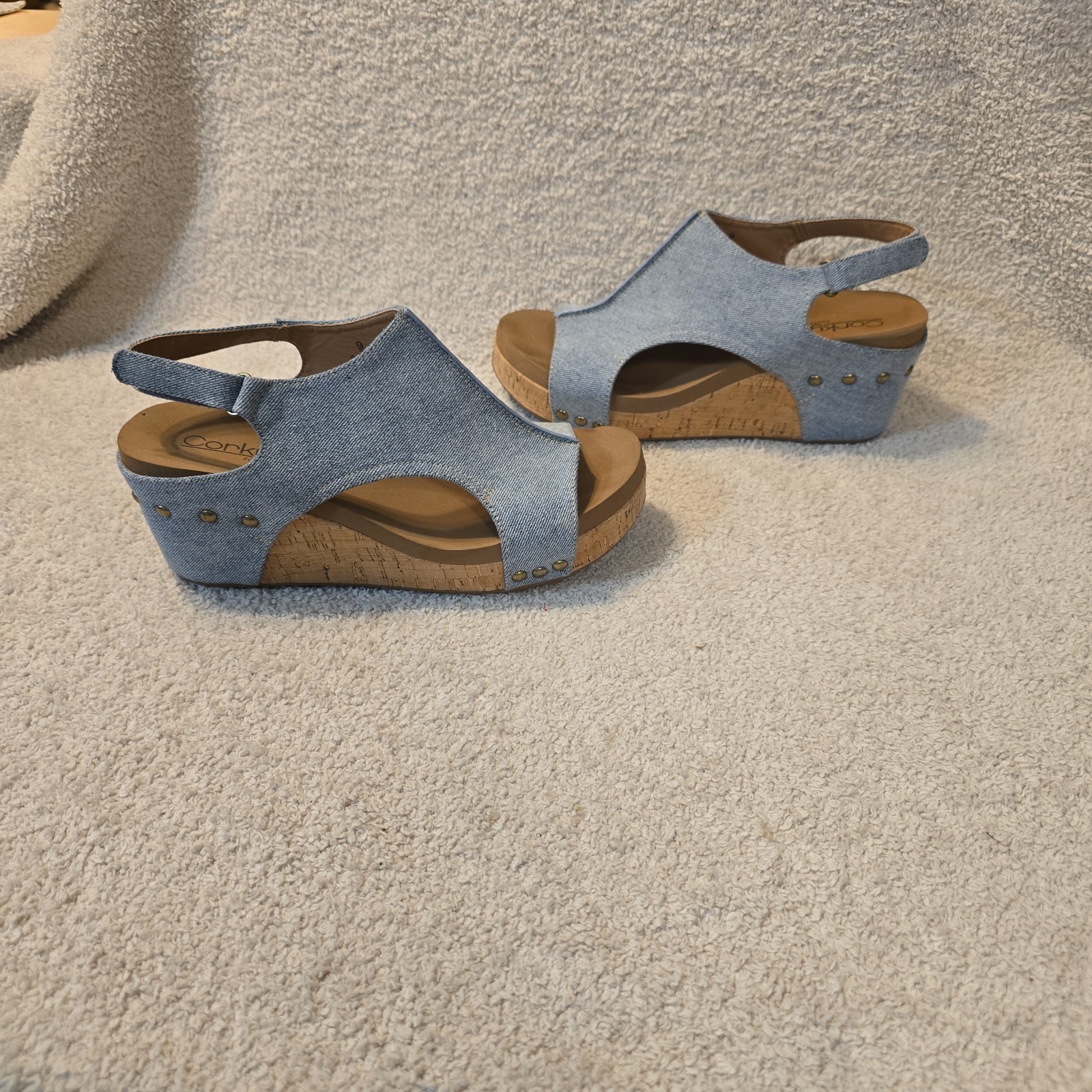Corkys Carley Wedge Slingback Sandals Denim Blue Studded Open Toe Women’s Size 9
