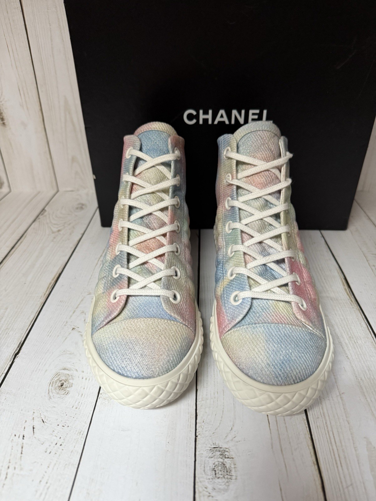 CHANEL Printed Fabric Quilted High Top Sneakers Green Pink Blue Sz 39 / 9