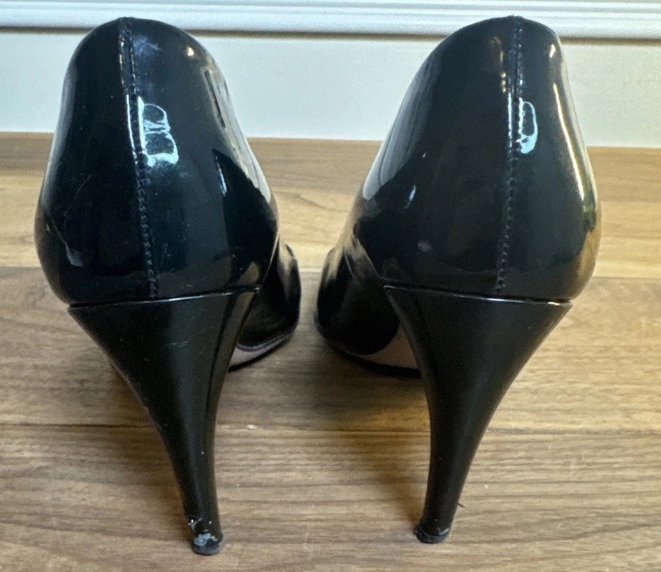Prada Pumps Black Patent Leather Size 36 Pointed Toe Heels Designer 3.5 In Heel