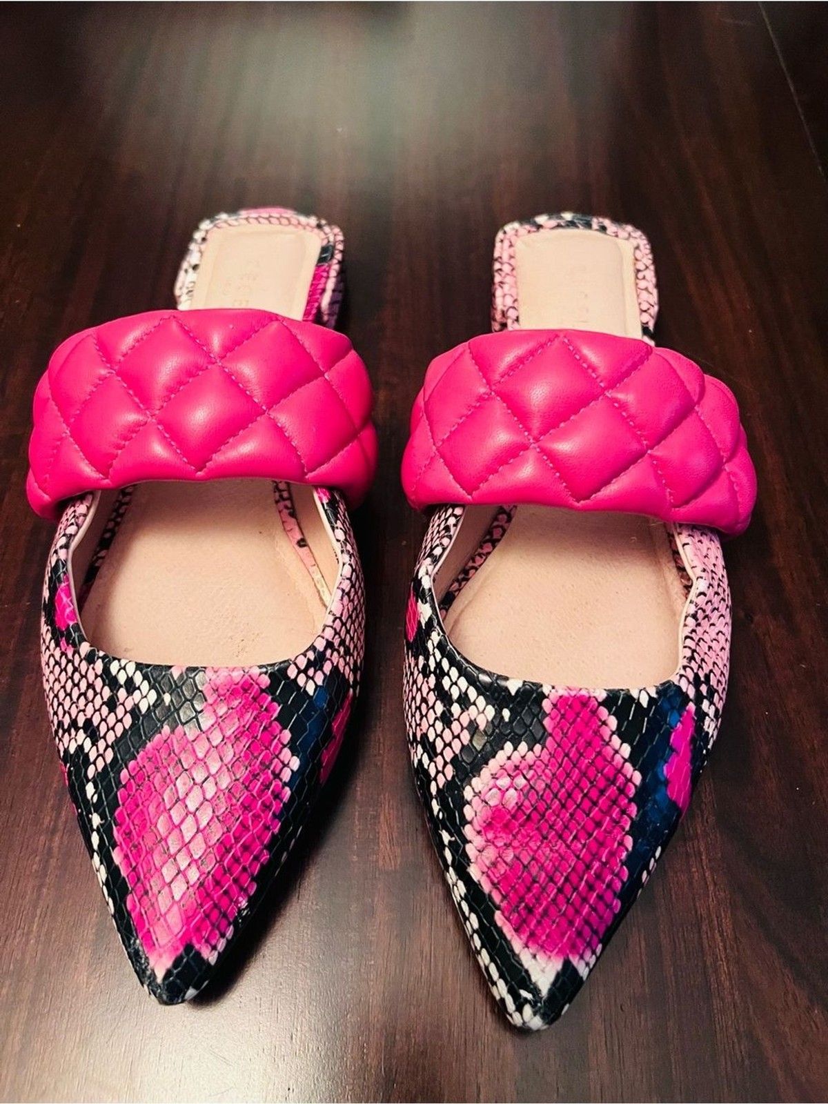 Quilted Hot Pink Strap Pointed Mule with Pink Snake-Print
