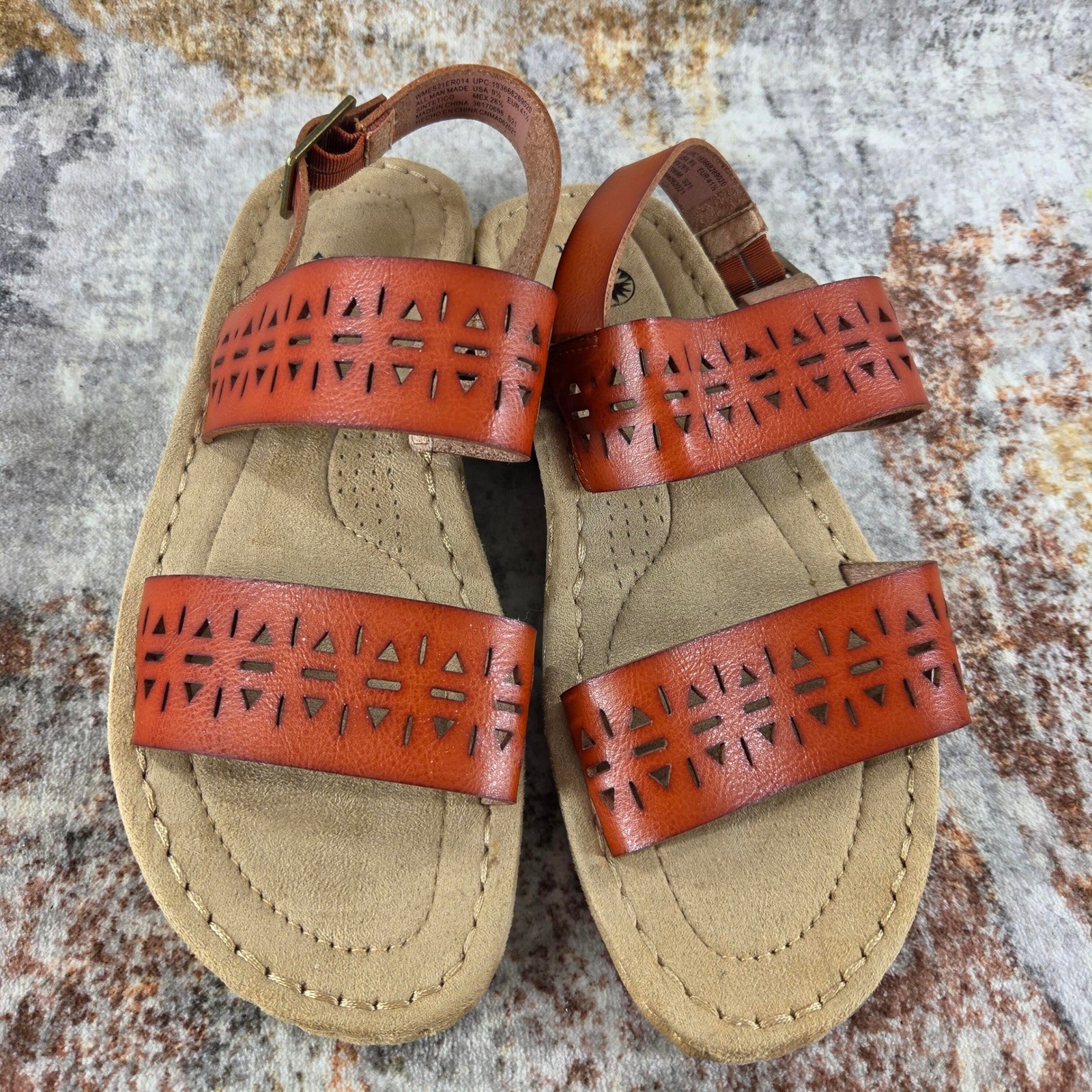 Earth Spirit Wedge Sandals Women 9.5 Cognac Brown Laser Cutout Summer Boho Beach
