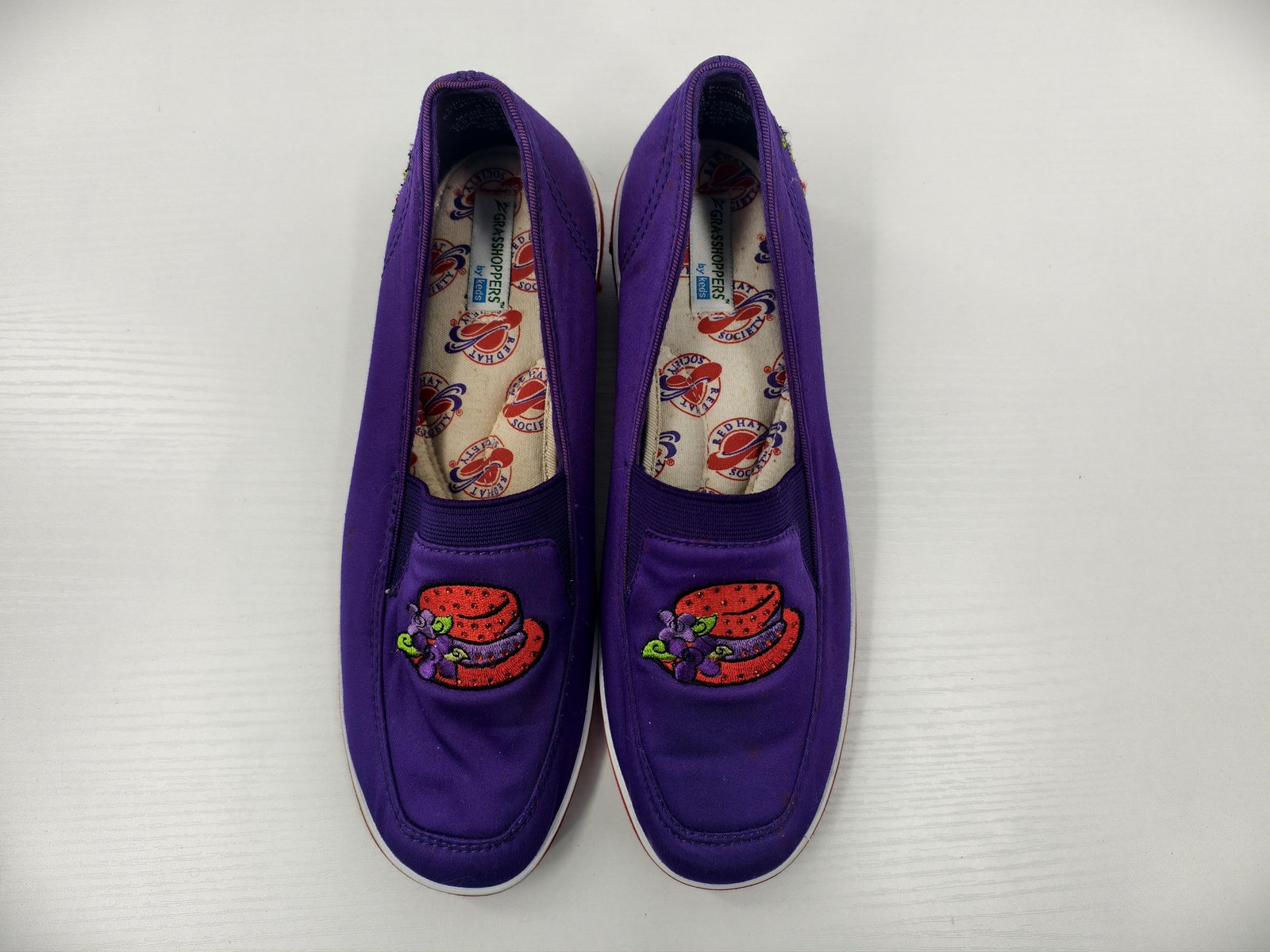 Purple Red Hat Society Slip On Grasshoppers Shoes Womens Size 6.5 Wedge Casual