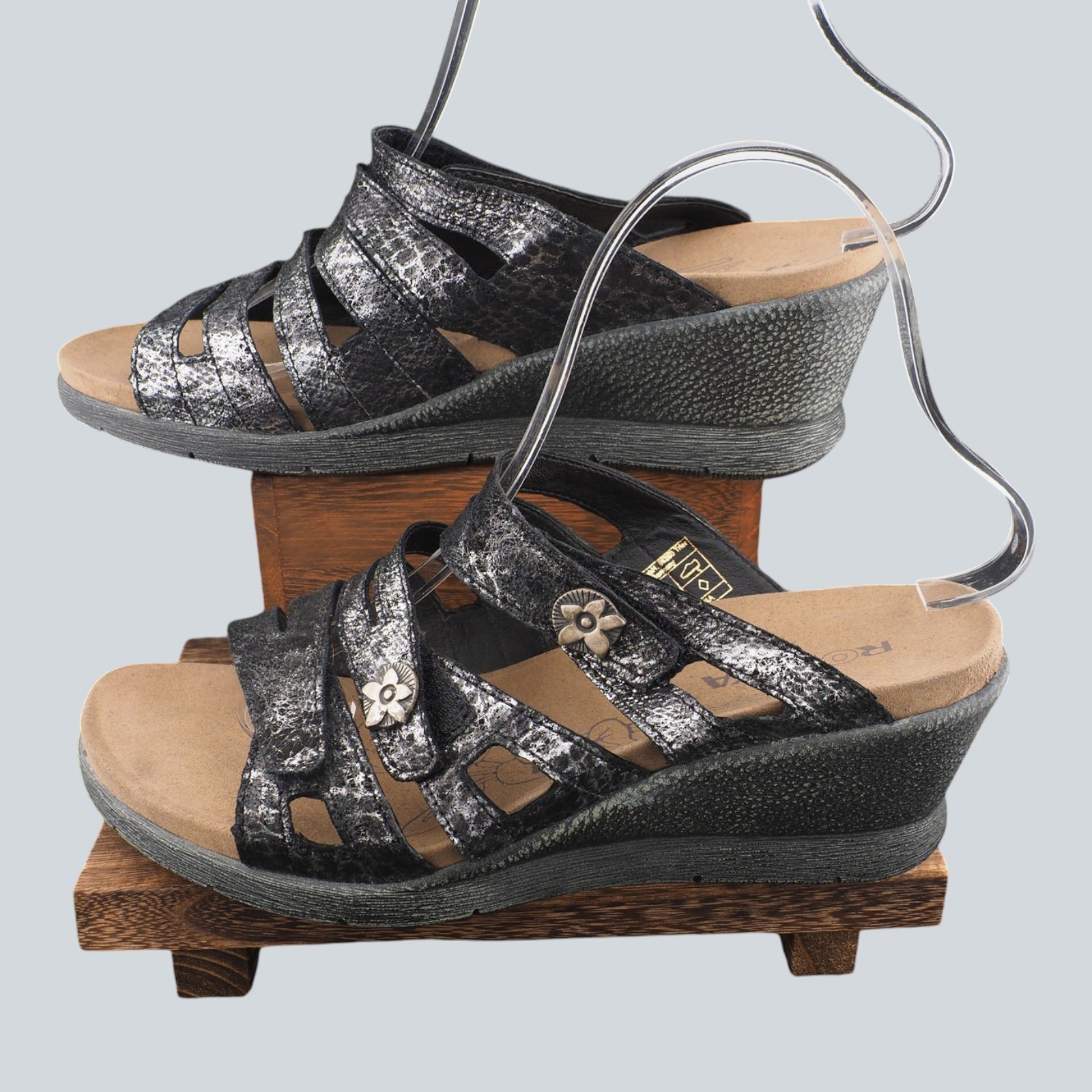 Romika Fidschi 14 Womens Metallic Silver Black Leather Wedge Sandals 119414 38