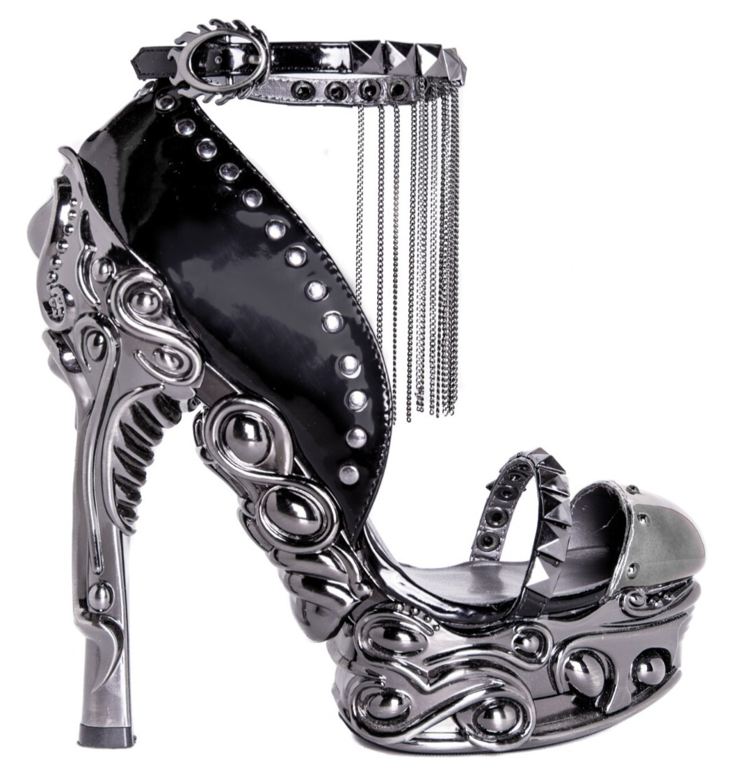 Hades EROS Black Studs Chains 6″ High Ornate Chrome Heels Platform Ankle Strap