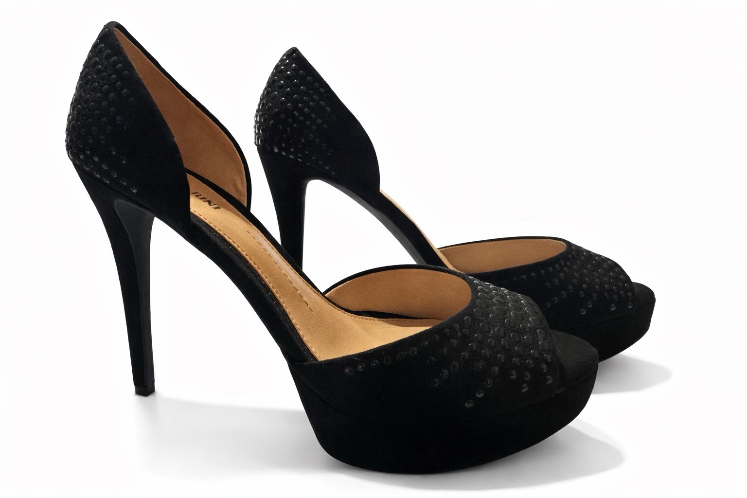 Gianni Bini Women’s Suede Peep Toe Platform Stiletto Heels Studded Black 8.5M