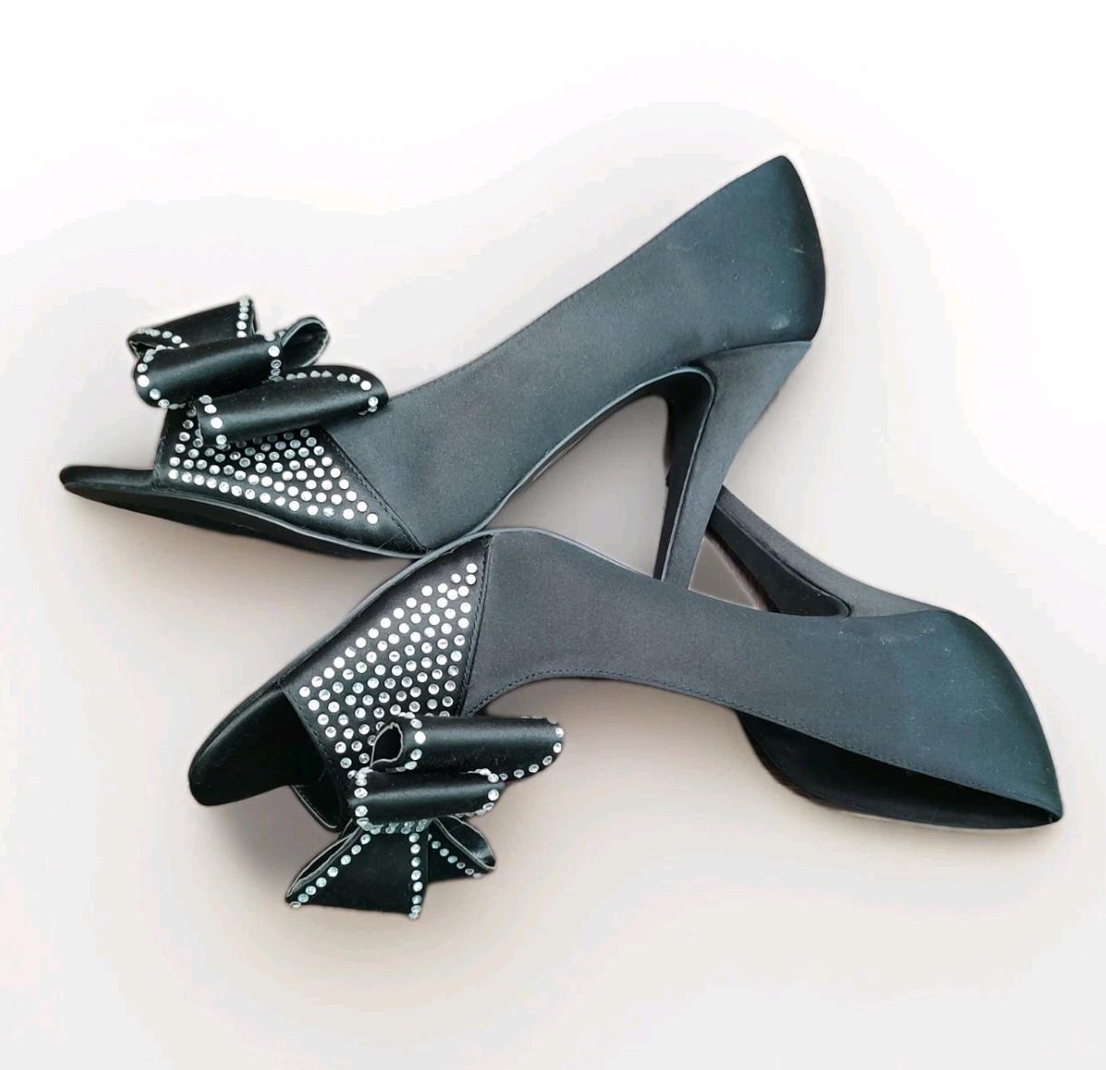 David’s Bridal Izzie Black Satin Peep-toe heels Rhinestone-emb Bow D’Orsay Style