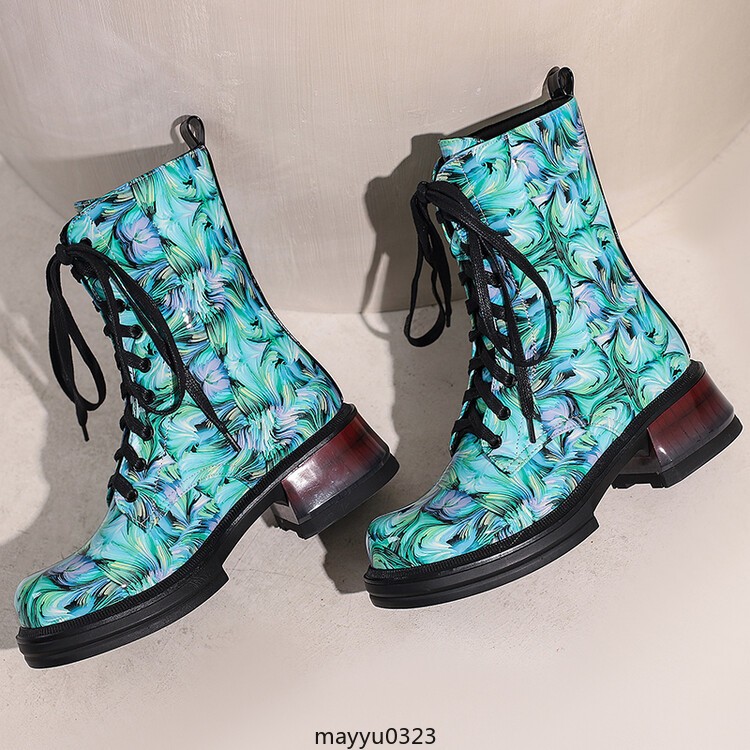 Women’s Mid Cuban Heel Ankle Boots Knight Printed Casual Lace Up Winter Shoes