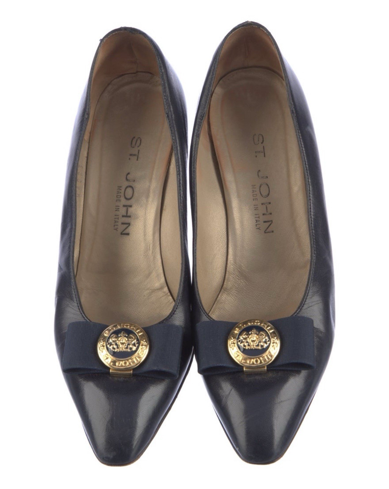 St. John Blue Leather Bow Pumps Size 7 US Semi-Pointed Toe Heels 2.5″ $495