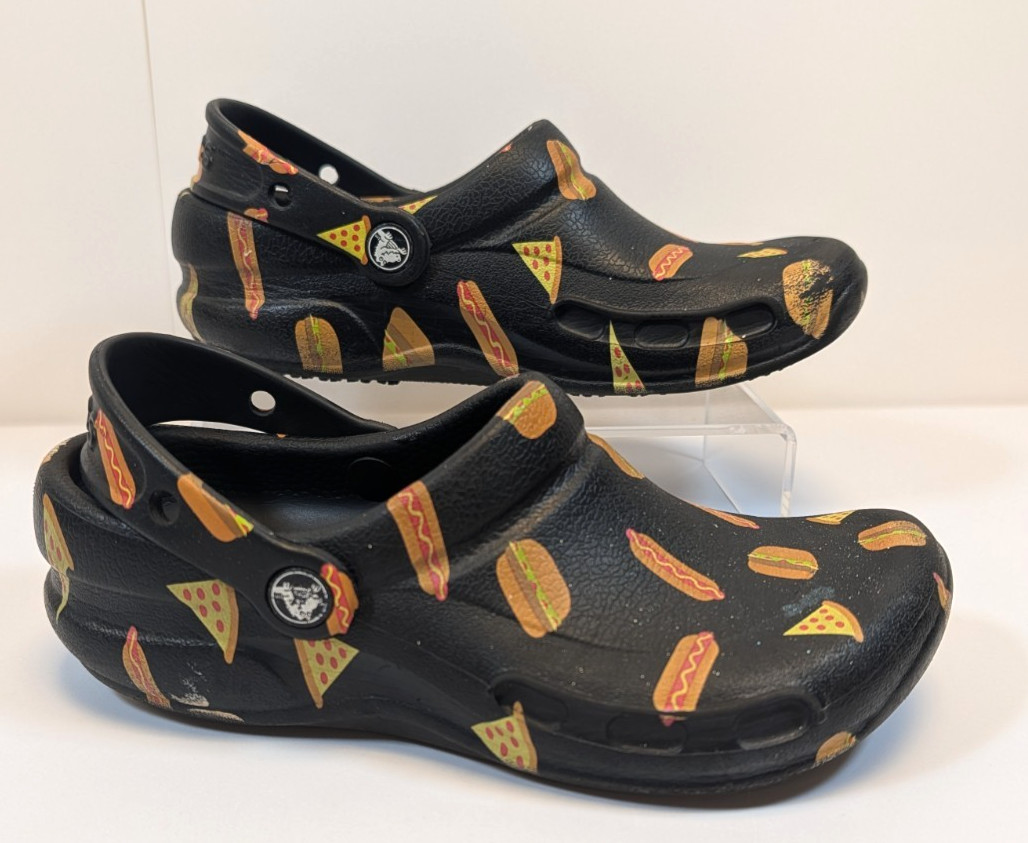 Crocs Bistro Hamburger Hotdogs Pizza Rare Graphics Unisex Sz. Men’s 4 Women’s 6