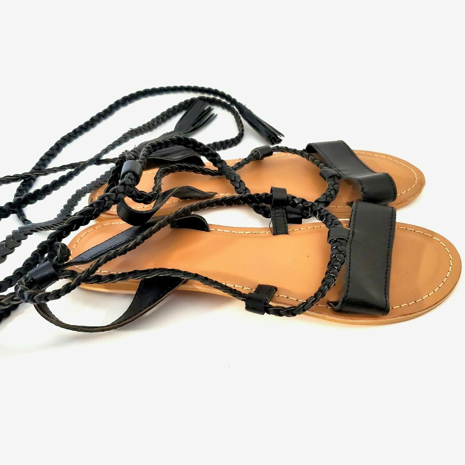 ASOS Black Braided Lace Up Gladiator Sandals Tassel Boho Strappy Flats Size 6