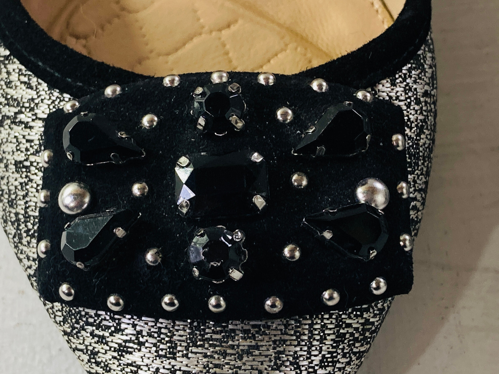 Antonio Melani Black & Silver Flats Silver Studs & Large Black Rhinestones Sz 9
