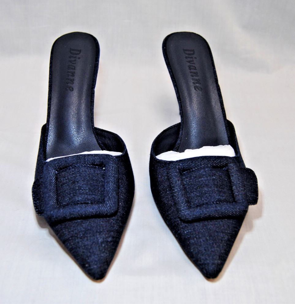 Divanne Women’s Buckle Backless Heeled Mules Pointed-Toe Denim Shoes New T2377
