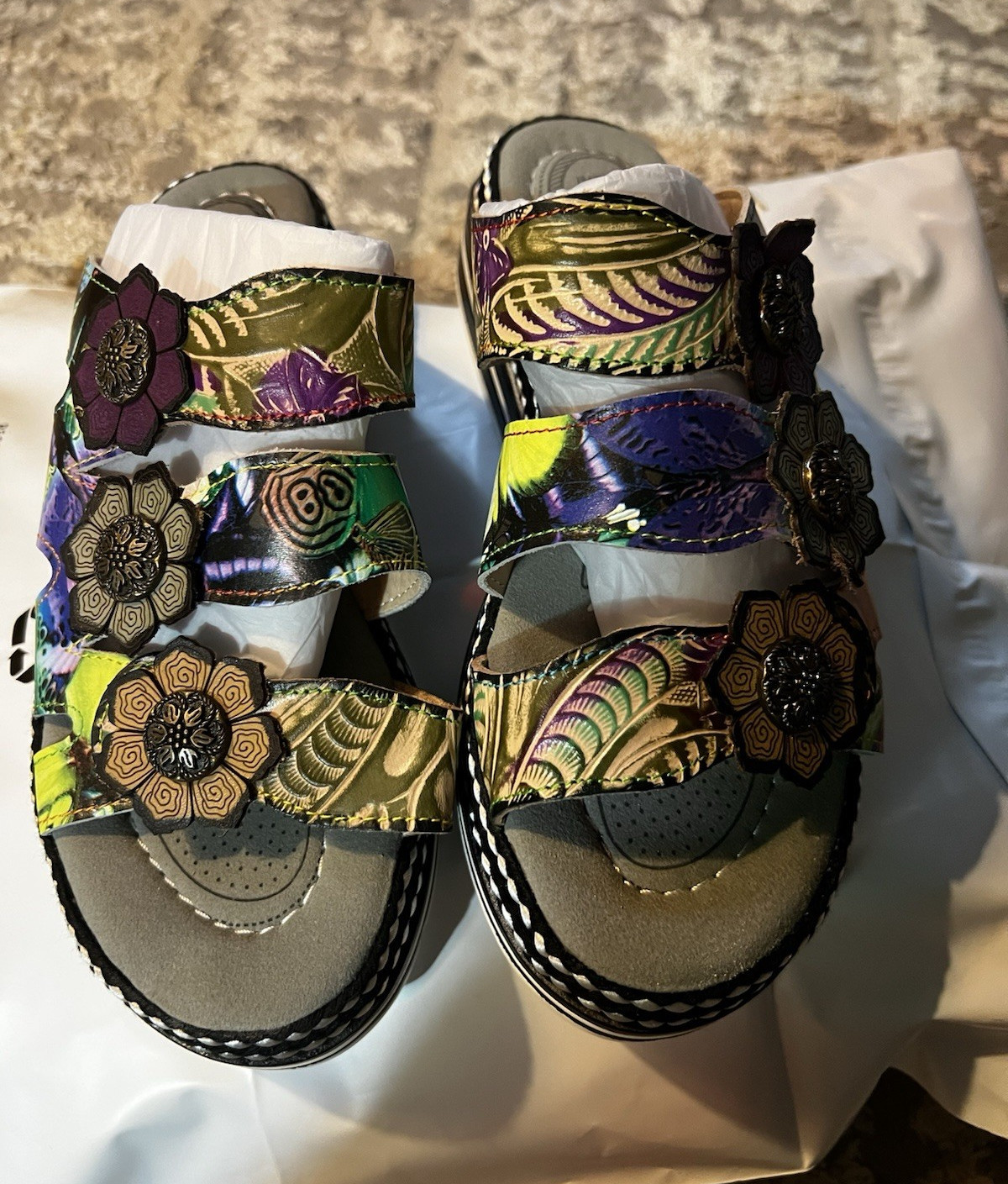 Spring Step L’Artiste Women’s Leather Floral Slip-On Sandals Hook & Loop US 7