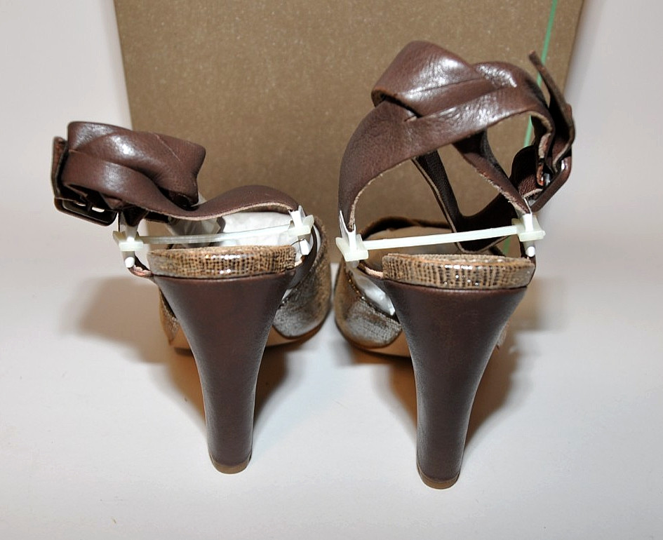 Bacio 61 «Betulla» Leather Wedge Ankle Strap Sandal 4.25″ Heel, Brown/Silver NIB
