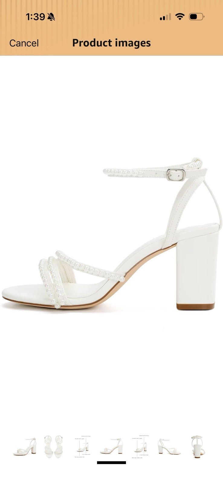 YAYNIGE Ivory Satin Pearl Beaded Ankle Strap Open Toe Buckle Heels 8.5