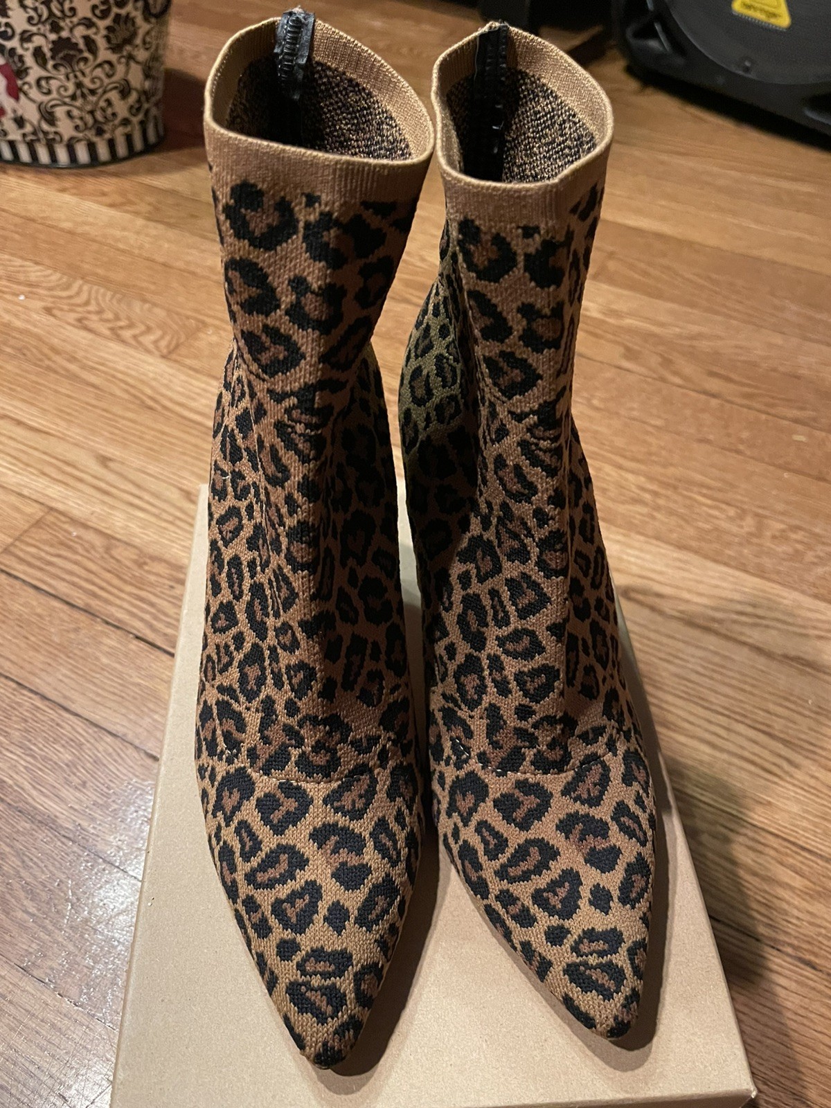 Mia cheetah stretch knit boot size 7.5W casual party heeled tall ankle NWT