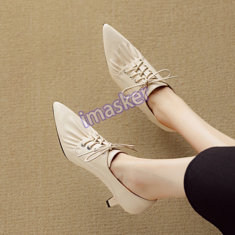 Womens Pointed Toe Real Leather 6.5cm Mid Stiletto Heel Lace Up Low Top Shoes Sz