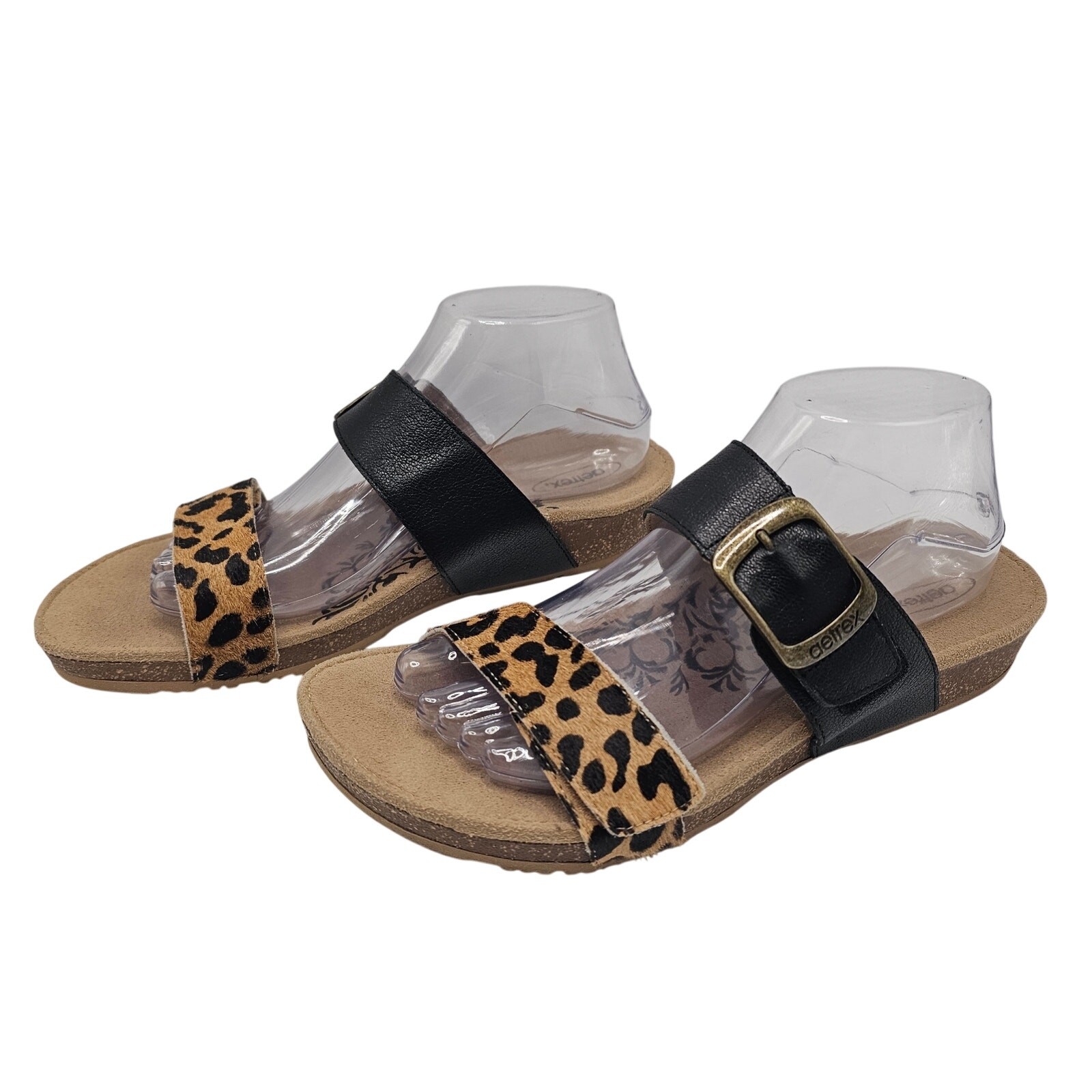 Aetrex Daisy Adjustable Slide Leopard Print Leather Orthotic Sandals W10 / EU41
